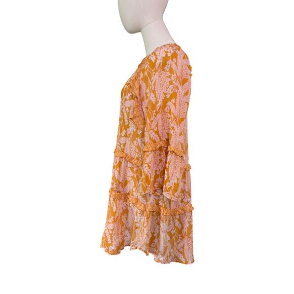 Anthropologie Orange Pink Floral Tiered Ruffle Tunic Dress Small Boho Viscose - Picture 4 of 10